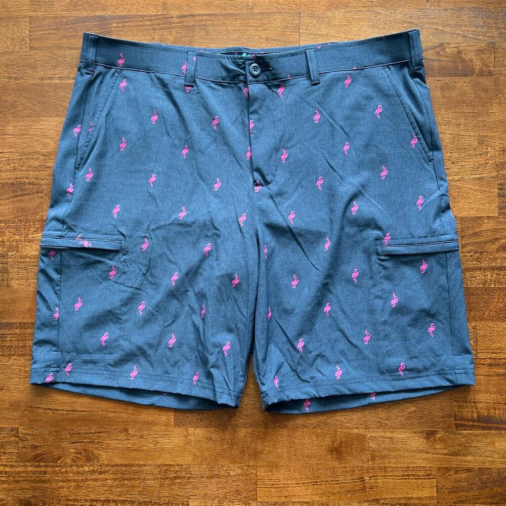Birdie Bound Men’s Golf Shorts, Navy Flamingo Print, Size 40.